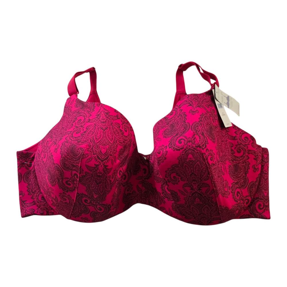 Cacique Lightly Lined Balconette Bra 44DDD Underwire Paisley Print Red Black NWT
